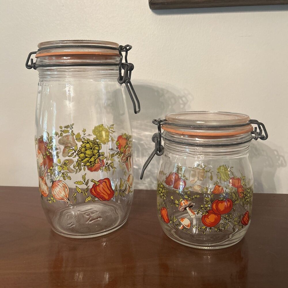 Vtg 2 Arc Spice Of Life Glass Canister Set Mushroom France jars 1.5L & 3/4L